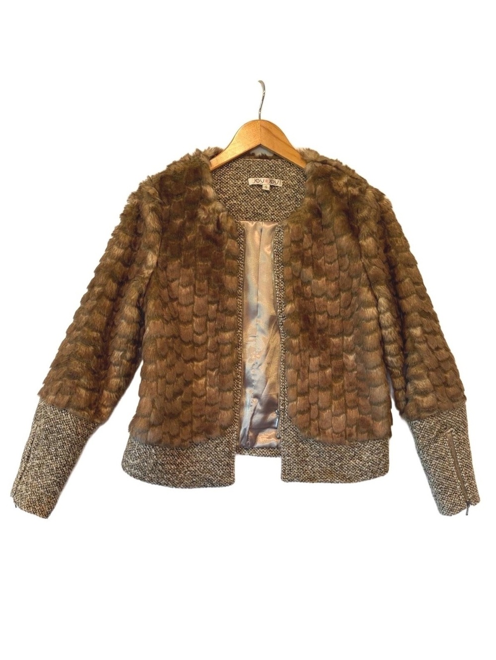 Joy Joy Faux Fur Tweed Jacket Womens S Brown Wool Blend Zip Cuffs